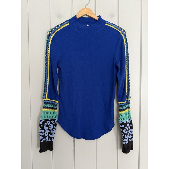 Free People Tops - Free People Switch It Up Top S Small Crochet Cuff Knit Thermal Royal Blue